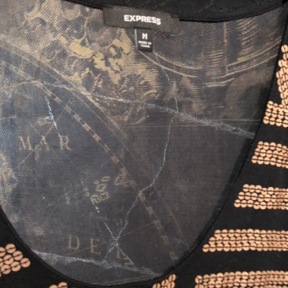 NWOT Express Dress Black Gold Metallic Sequin Shear Back Bodycon Size Medium - Picture 5 of 5